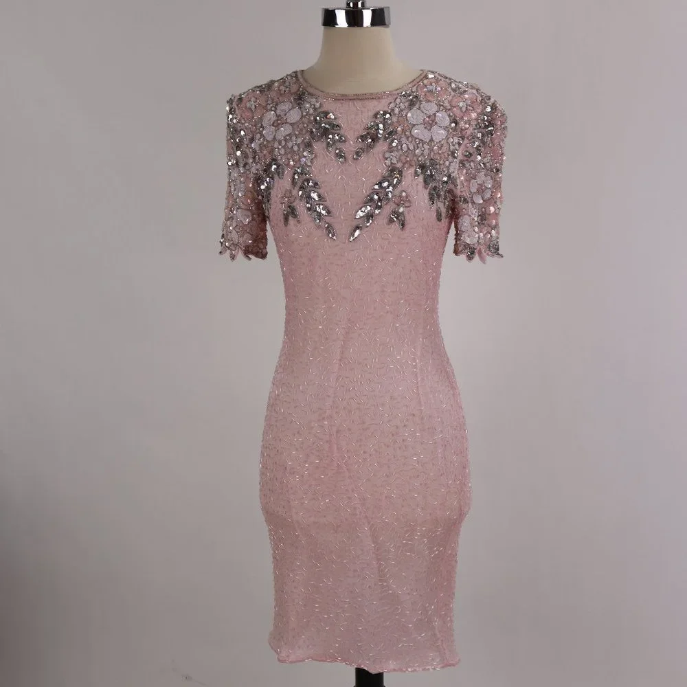 🌺 Vtg Stenay NWOT Pink Sequin Beaded Rhinestone Party Cocktail Wedding Dress S - Picture 5 of 13